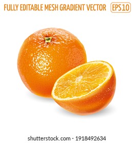 Whole orange with a cut half on a white background.
