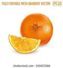 Whole orange with cut slice on a white background.