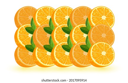 Whole orange fruit divided in parts with green leaves. Vector summer fruit, organic natural ingredient, vegetarianism, fresh farm harvest design. Isolated on white background