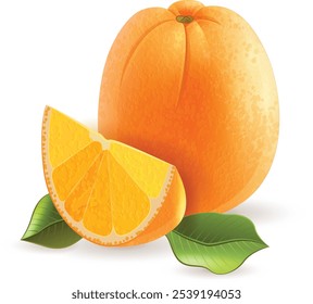 Um fruto laranja inteiro com uma fatia e duas folhas verdes, retratadas em um estilo de desenho animado realista contra um fundo branco.