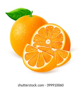 Whole orange fruit with slices isolated on white background. Realistic vector illustration.