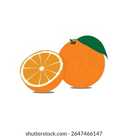 Uma laranja inteira com uma folha verde e uma metade laranja cortada, ambas com superfícies texturizadas.