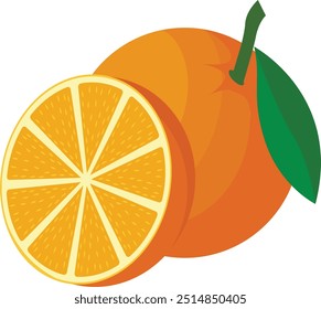 Uma laranja inteira e meia de laranja com uma folha. O laranja é retratado em um estilo simples e plano. Perfeito para ilustrações, projetos e apresentações relacionadas a alimentos, saúde e natureza