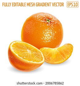 A whole orange with a half and a peeled slice on a white background.