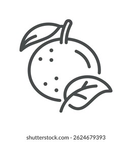 Whole Orange Icon. Simple Line Illustration of a Fresh Citrus with Leaf, Representing Vitamin C, Healthy Nutrition, and Natural Harvest.