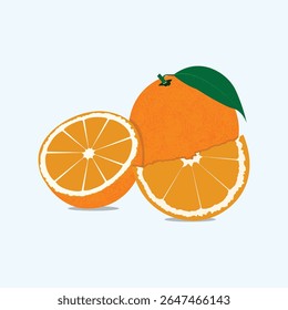 Uma laranja inteira com uma folha, ao lado de duas fatias suculentas e segmentadas. Close, cores vibrantes.