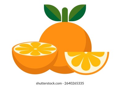 Whole orange with leaves, orange slice and cut orange fruit. Organic fruits for juice or vitamin C healthy food.