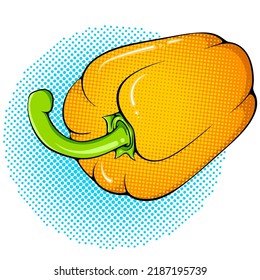 Whole orange lying pepper paprika illustration. Vegetable close up. Vector bright colored halftone print in Pop Art style. Retro cartoon comic style. Design for stickers, poster. Eco food