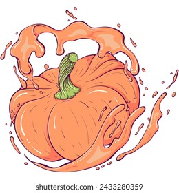 Whole orange pumpkin with juice splash. Liquid drops. Vector illustration in hand drawn cartoon style. Close up vegetable fruit ingredient for fresh juice isolated on white