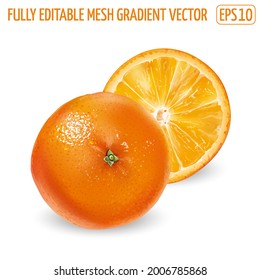 Whole orange with a round slice on a white background.