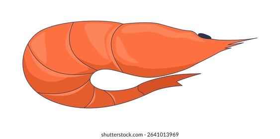 Whole orange shrimp in curled position 2D cartoon object. Raw seafood crustacean. Shellfish prawn. Sea creature. Marine ingredient isolated element flat vector clip art on white. Spot illustration