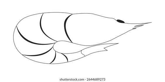 Whole orange shrimp in curled position 2D line object. Raw seafood crustacean. Shellfish prawn. Sea creature. Marine ingredient isolated clipart vector ink outline item. Monochrome spot illustration
