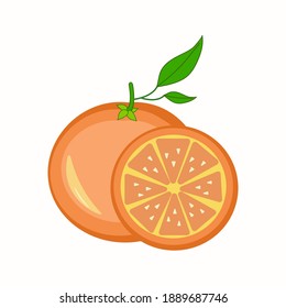 Una naranja entera con una tajada en un fondo blanco