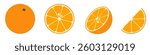 Whole orange and sliced orange variations on white background.