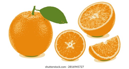 A whole orange with slices and a leaf on a plain background.