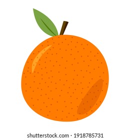 A whole orange with stem and leaf. Colored isolated object on a white. Cartoon.