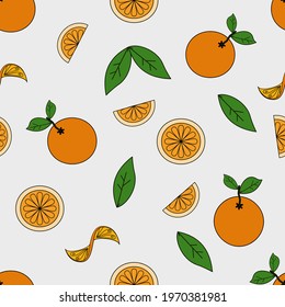 Whole oranges, orange slices and leaves on white seamless pattern