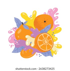 Whole oranges, orange slices, and stylized splashes of juice and cream create a dynamic and refreshing composition, perfect for capturing the essence of citrus fruit