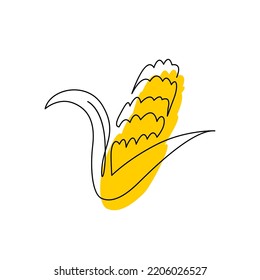 Whole organic corncob in continuous line art drawing style isolated. Single outline corn crop sketch and color spot. Fresh sweetcorn logo concept design. One line hand drawn flat vector illustration