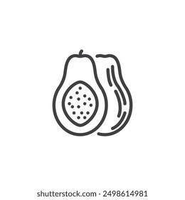 Papaya entera y un ícono de media línea. signo de estilo lineal para el concepto móvil y el Diseño web. Icono de Vector de contorno de fruta de papaya. Símbolo, ilustración del logotipo. Gráficos de Vector