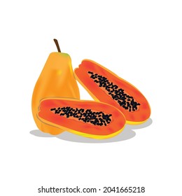 Whole papaya and half with seed on white background. Vector illustration.