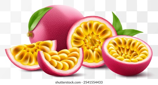 Whole passion fruit, half and sliced fruits isolated on transparent background. Ripe purple passion fruit or passiflora edulis for package design. Realistic 3d Vector illustration of tropical fruits.