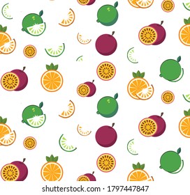 Whole passion fruit, lime, orange and slices pattern. Flat style. Vector