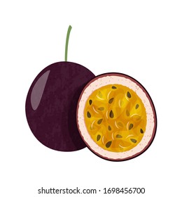 Whole passion fruit with slice isolated on white background. Fresh fruit vector illustration.