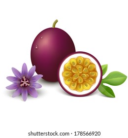 Whole Passion Fruit With Slice, Passiflora Flower And Leaf Isolated On White Background 