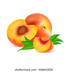 Whole peach fruit and his sliced segments isolated on white background. Realistic vector illustration.