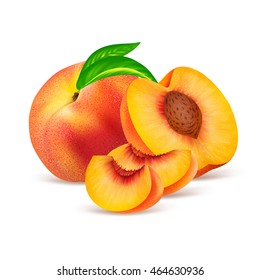 Whole peach fruit and his sliced segments isolated on white background. Realistic vector illustration.