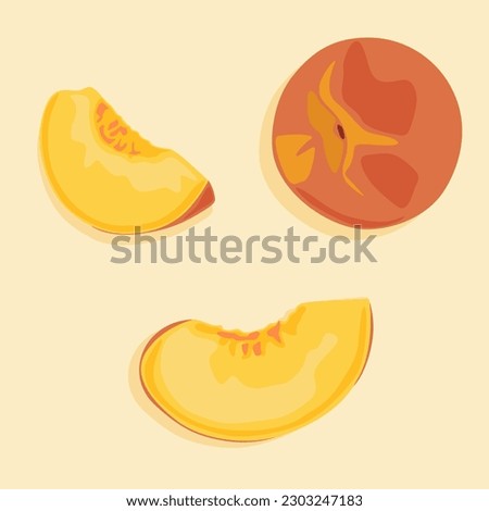 A whole peach and its juicy slices. Vector food icons. Summer fruits.