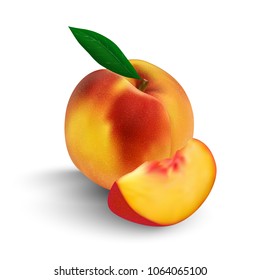 Whole peach and sliced fruit with leaf isolated on white background, vector illustration