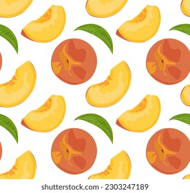 Whole peach and peach slices. Seamless pattern in vector. Summer fruits. Suitable for backgrounds and prints.