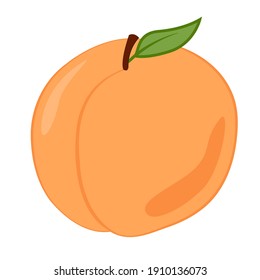 A whole peach with stem and leaf. Colored isolated object with outline on a white background. Cartoon.
