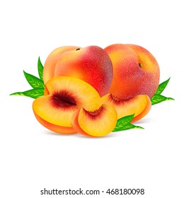 Whole peaches fruit and his sliced segments isolated on white background. Realistic vector illustration.