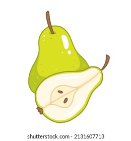 A whole pear with a half cut pear in cartoon style. Vector isolated illustration.