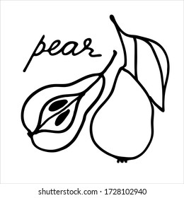 Whole pear and the half of it. Black and white vector illustration with hand lettering. Perfect for coloring book, teaching aid, illustrated summary, other design projects