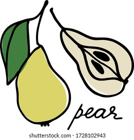 Whole pear and the half of it. Colorful vector illustration with hand lettering. Perfect for price tag, teaching aid, illustrated summary, other design projects