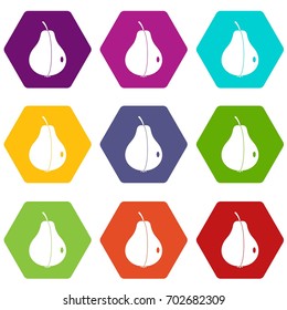 Whole pear icon set many color hexahedron isolated on white vector illustration