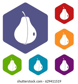 Whole pear icons set hexagon isolated vector illustration