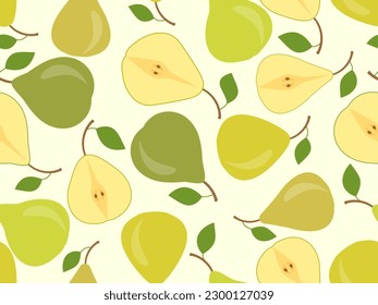 Peras enteras y mitades sin soldadura. Corta la pera por la mitad. Diseño para imprimir en tela, banners y artículos promocionales. Ilustración del vector