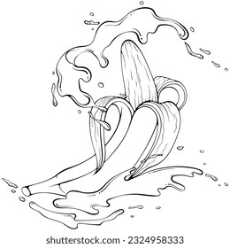 Whole peeled banana with juice or water splash. Liquid drops. Vector illustration in hand drawn sketch doodle style. Line art ingredient for fresh juice isolated on white. Close up fruit coloring book