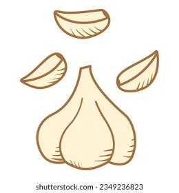 Whole and peeled cloves. Garlic head and cloves.Isolated on white background.Cartoon vector illustration.Spices for the kitchen.