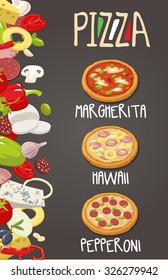 Whole Pepperoni, Hawaiian, Margherita pizza and the ingredients. Vector flat illustration isolated on black background. Hand drawn design element for label and poster