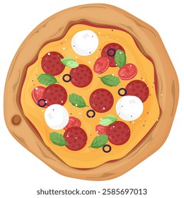 whole pepperoni pizza with basil and mozzarella and olives, vector illustration