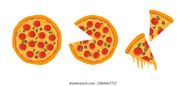 Whole pepperoni pizza, with a cut off slice and slices of pizza with melted cheese Round pizza with salami and olives, top view Vector illustration of fast food on isolated background