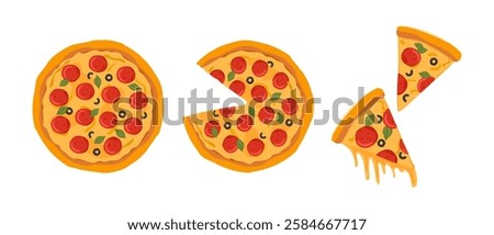 Whole pepperoni pizza, with a cut off slice and slices of pizza with melted cheese Round pizza with salami and olives, top view Vector illustration of fast food on isolated background