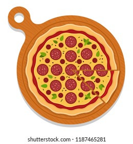 Whole pepperoni pizza on a round wooden board with a cut piece vector flat material design isolated on white