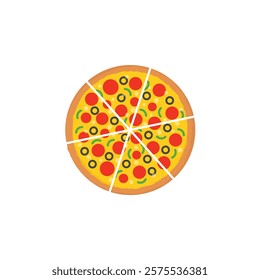 Whole pepperoni pizza pie divided into slices, Pizza  flat vector color icon for food apps and websites